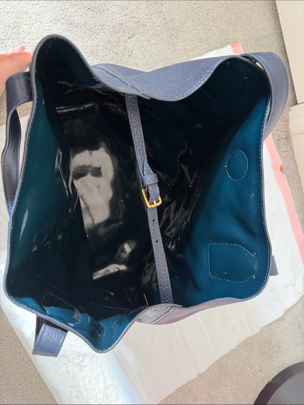 Tory Burch Navy Shoulder Tote with Gold Emblem